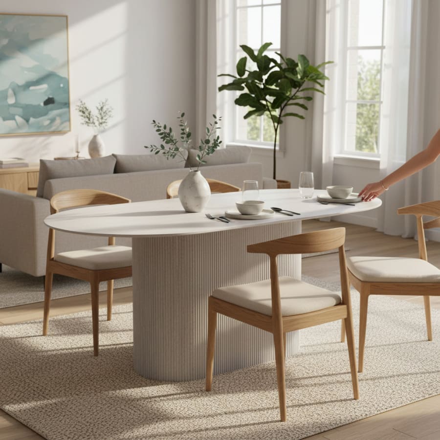 Table &agrave; manger ovale en c&eacute;ramique beige 180 cm